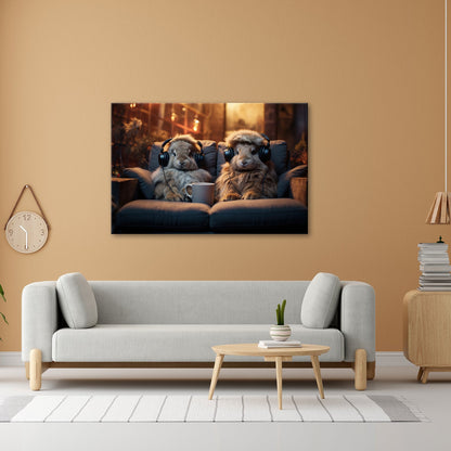 Leinwandbild Kuschelige Kaninchen lauschen Beats bei Kerzenschein. - deyoli