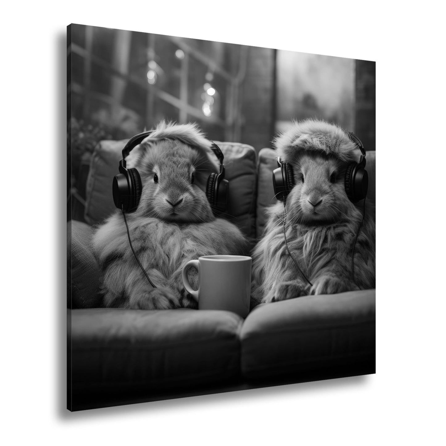 Leinwandbild Kuschelige Kaninchen lauschen Beats bei Kerzenschein. - deyoli