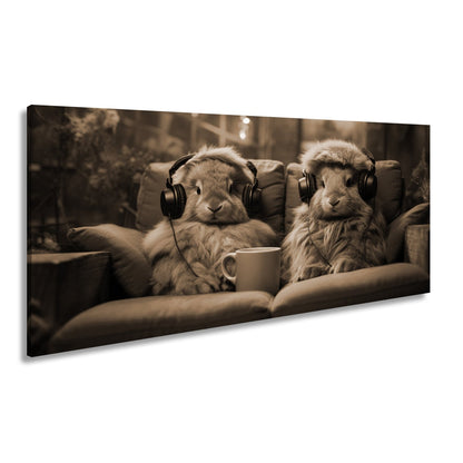 Leinwandbild Kuschelige Kaninchen lauschen Beats bei Kerzenschein. - deyoli