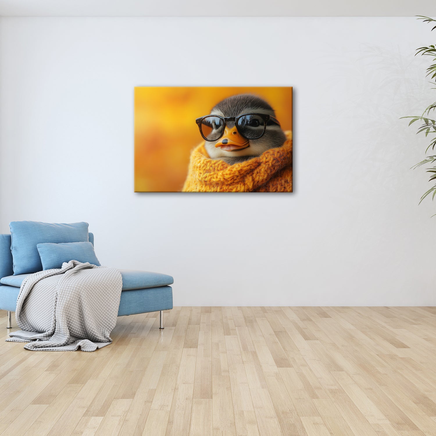 Leinwandbild Kuscheliger Coolnesskönig – Pinguin posiert im Strick und Stil. - deyoli