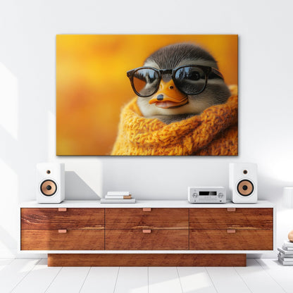 Leinwandbild Kuscheliger Coolnesskönig – Pinguin posiert im Strick und Stil. - deyoli
