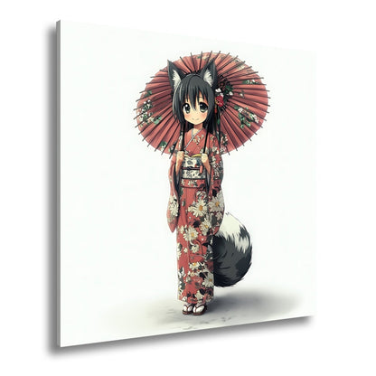 Leinwandbild Lächelnde Eleganz in Kimono und rotem Schirm. - deyoli