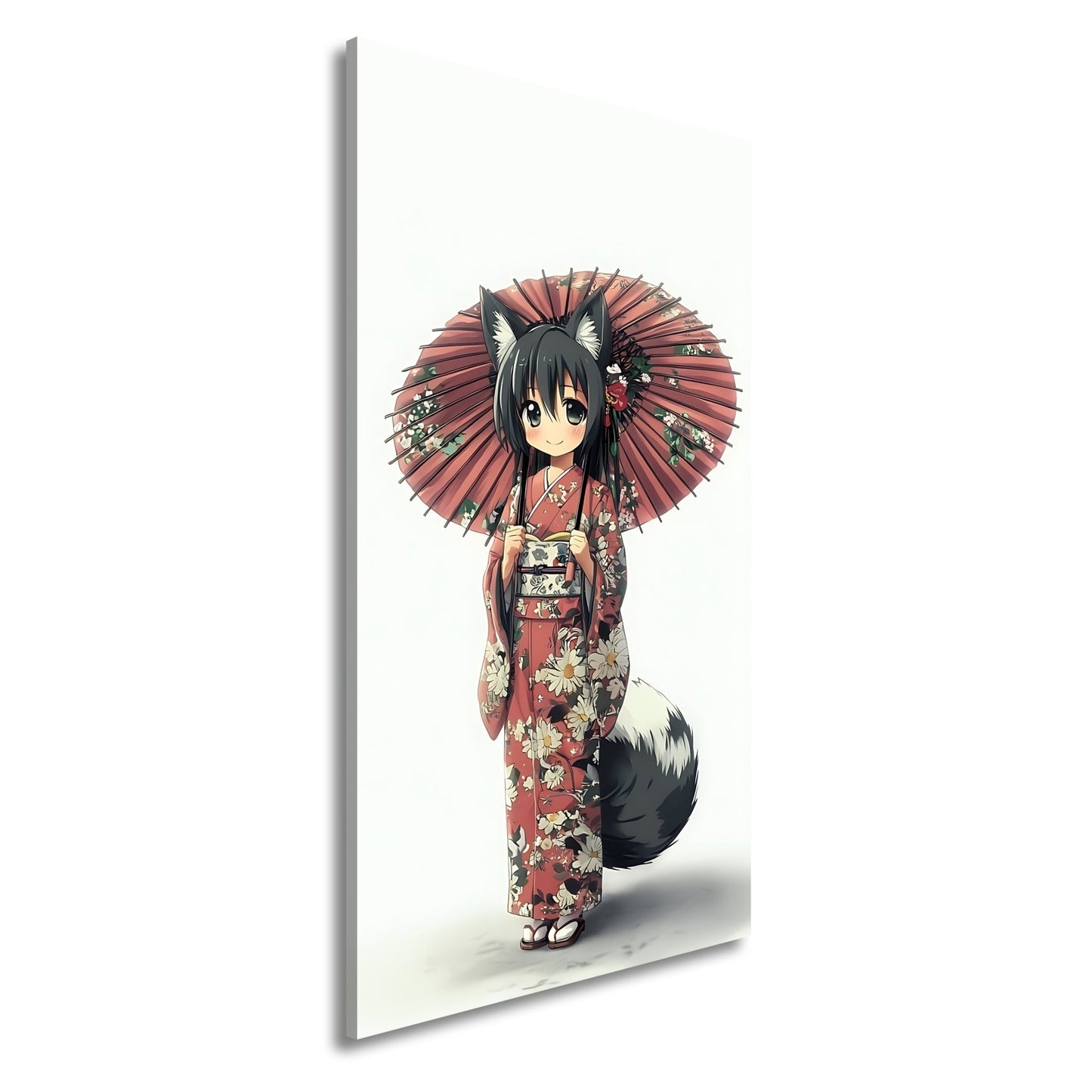 Leinwandbild Lächelnde Eleganz in Kimono und rotem Schirm. - deyoli