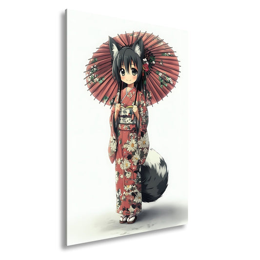 Leinwandbild Lächelnde Eleganz in Kimono und rotem Schirm. - deyoli