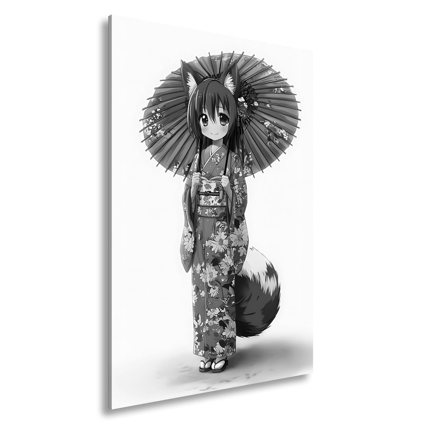 Leinwandbild Lächelnde Eleganz in Kimono und rotem Schirm. - deyoli