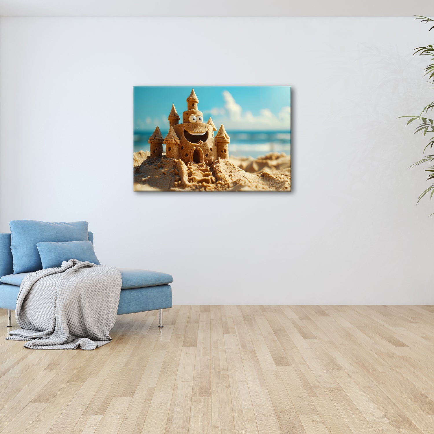 Leinwandbild Lächelnde Sandburg – verspielte Freude am Strandtag. - deyoli