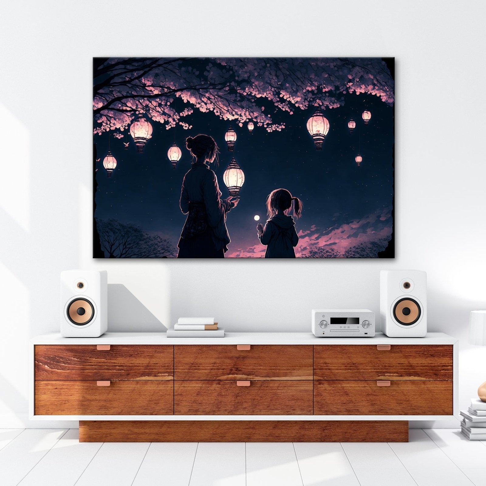 Leinwandbild Laternen schweben durch die Nacht unter Kirschblüten. - deyoli