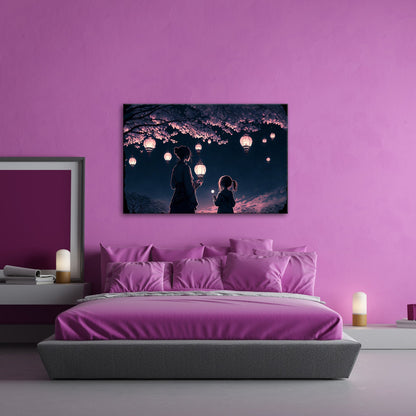 Leinwandbild Laternen schweben durch die Nacht unter Kirschblüten. - deyoli