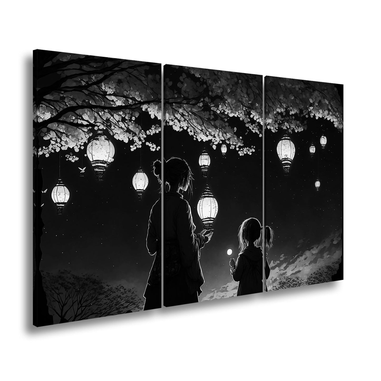 Leinwandbild Laternen schweben durch die Nacht unter Kirschblüten. - deyoli