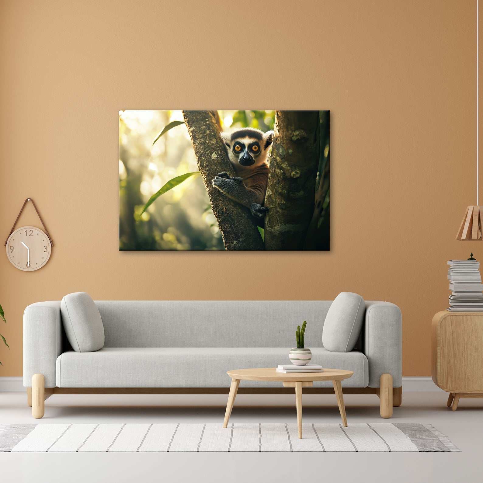 Leinwandbild Lemur mit großen Augen im warmen Dschungellicht - deyoli