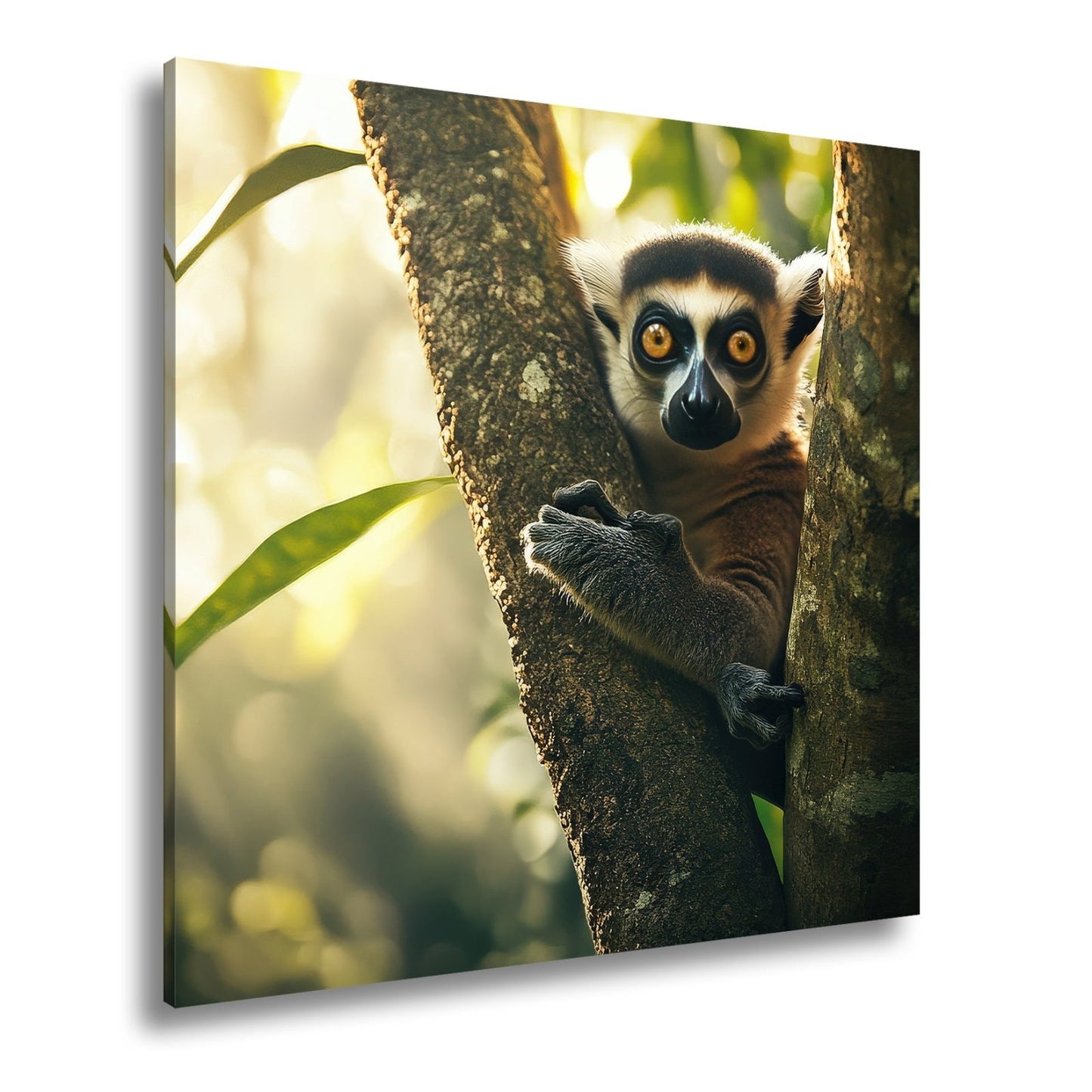 Leinwandbild Lemur mit großen Augen im warmen Dschungellicht - deyoli