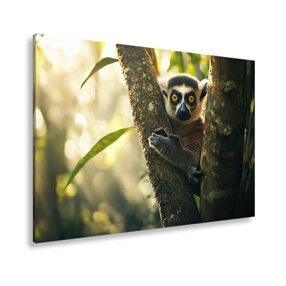 Leinwandbild Lemur mit großen Augen im warmen Dschungellicht - deyoli