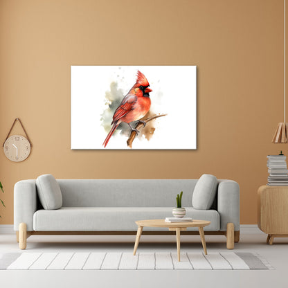 Leinwandbild Leuchtend roter Kardinal auf Ast in Aquarellstil - deyoli
