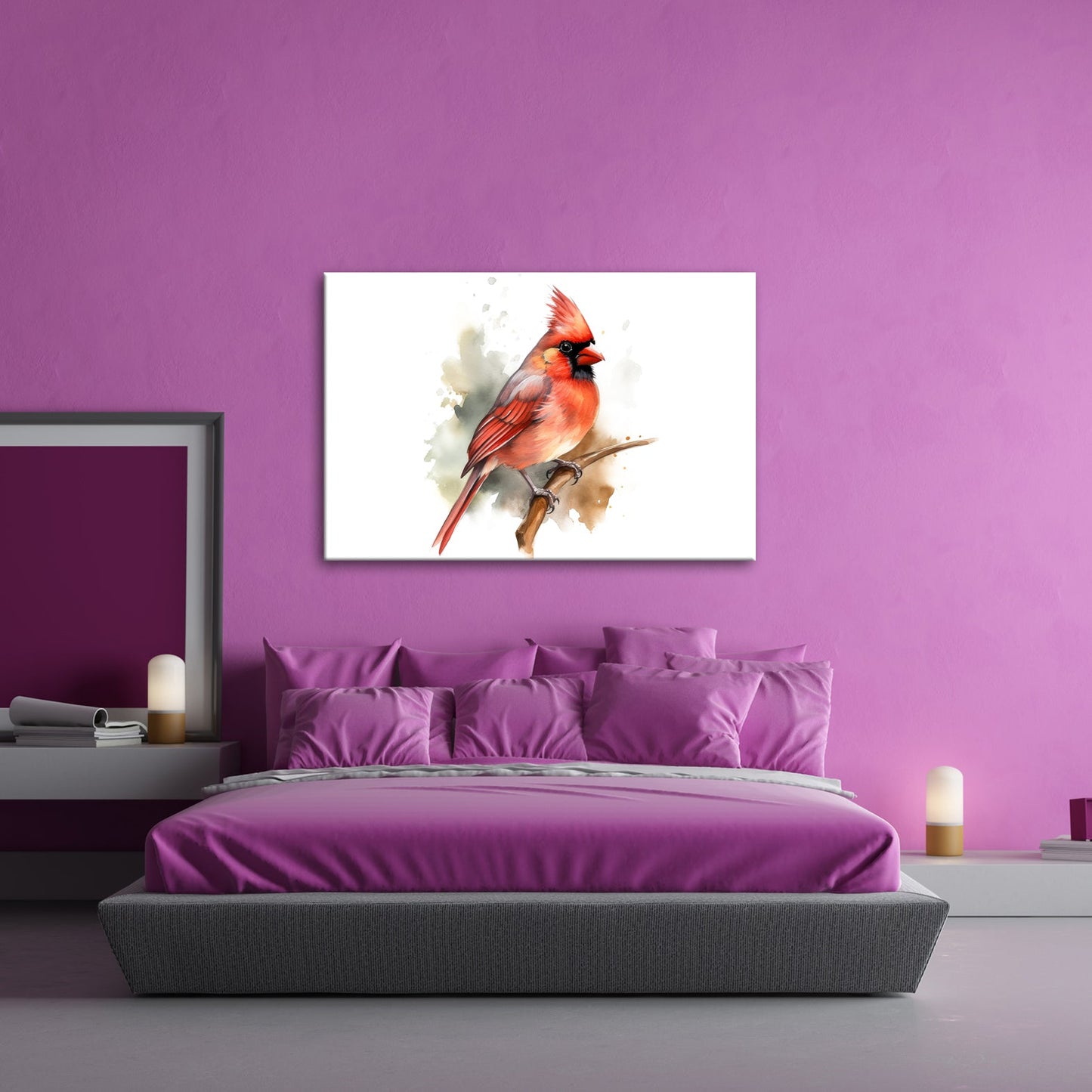 Leinwandbild Leuchtend roter Kardinal auf Ast in Aquarellstil - deyoli