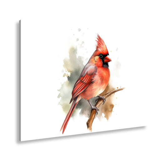Leinwandbild Leuchtend roter Kardinal auf Ast in Aquarellstil - deyoli