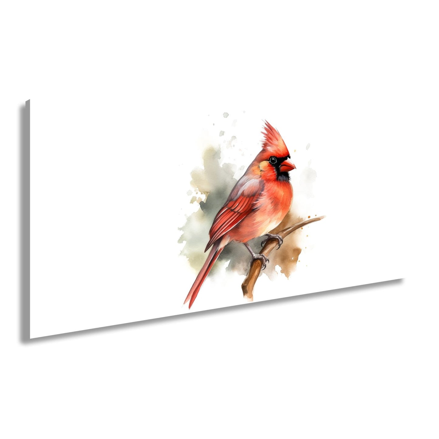 Leinwandbild Leuchtend roter Kardinal auf Ast in Aquarellstil - deyoli