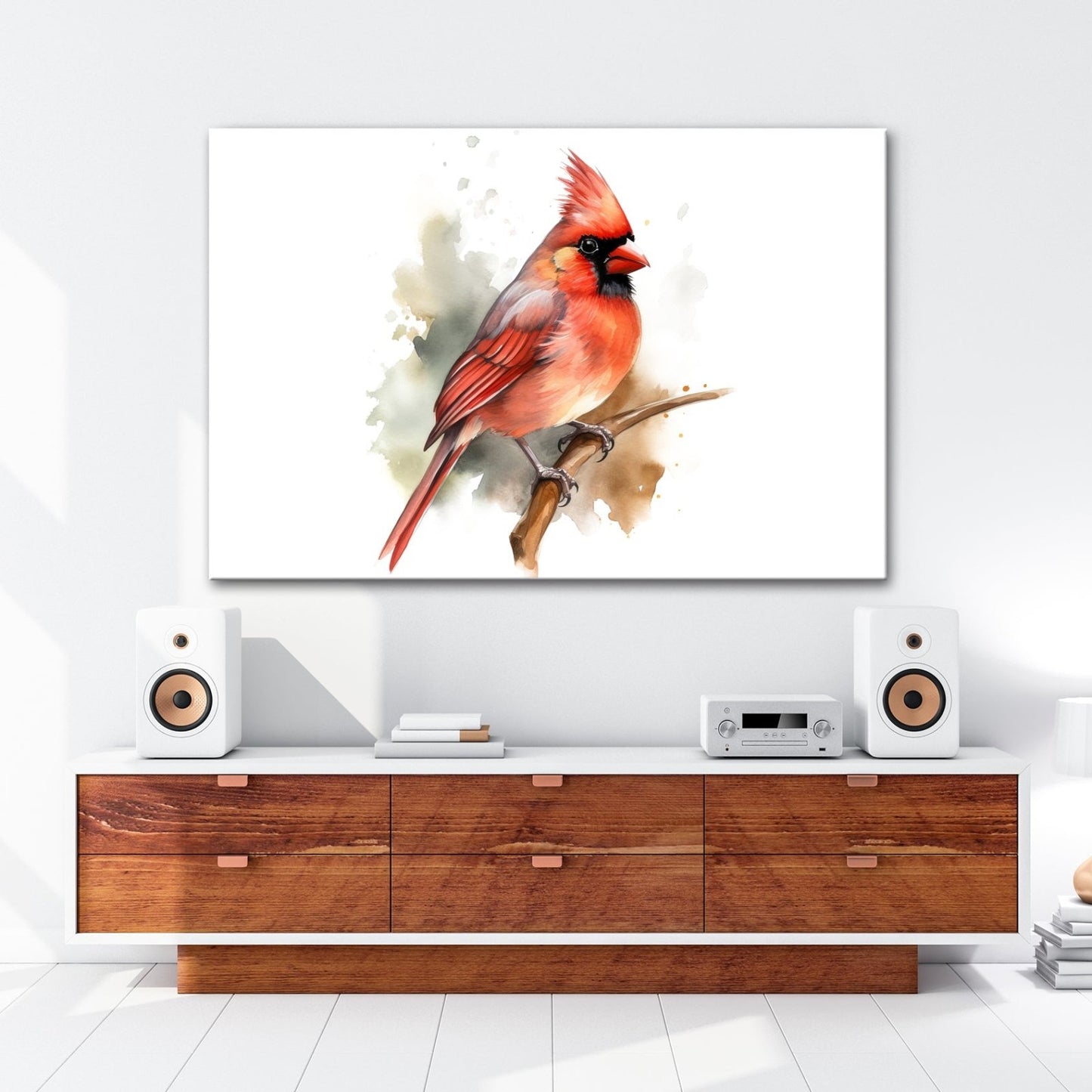 Leinwandbild Leuchtend roter Kardinal auf Ast in Aquarellstil - deyoli
