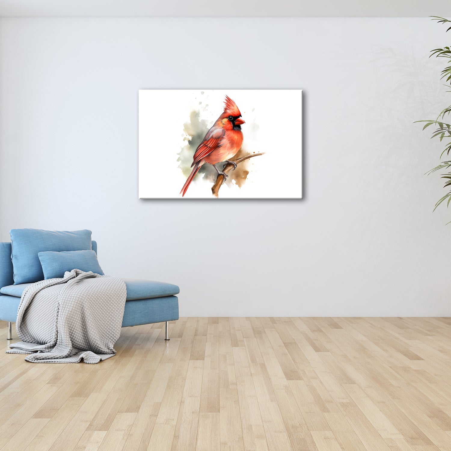 Leinwandbild Leuchtend roter Kardinal auf Ast in Aquarellstil - deyoli