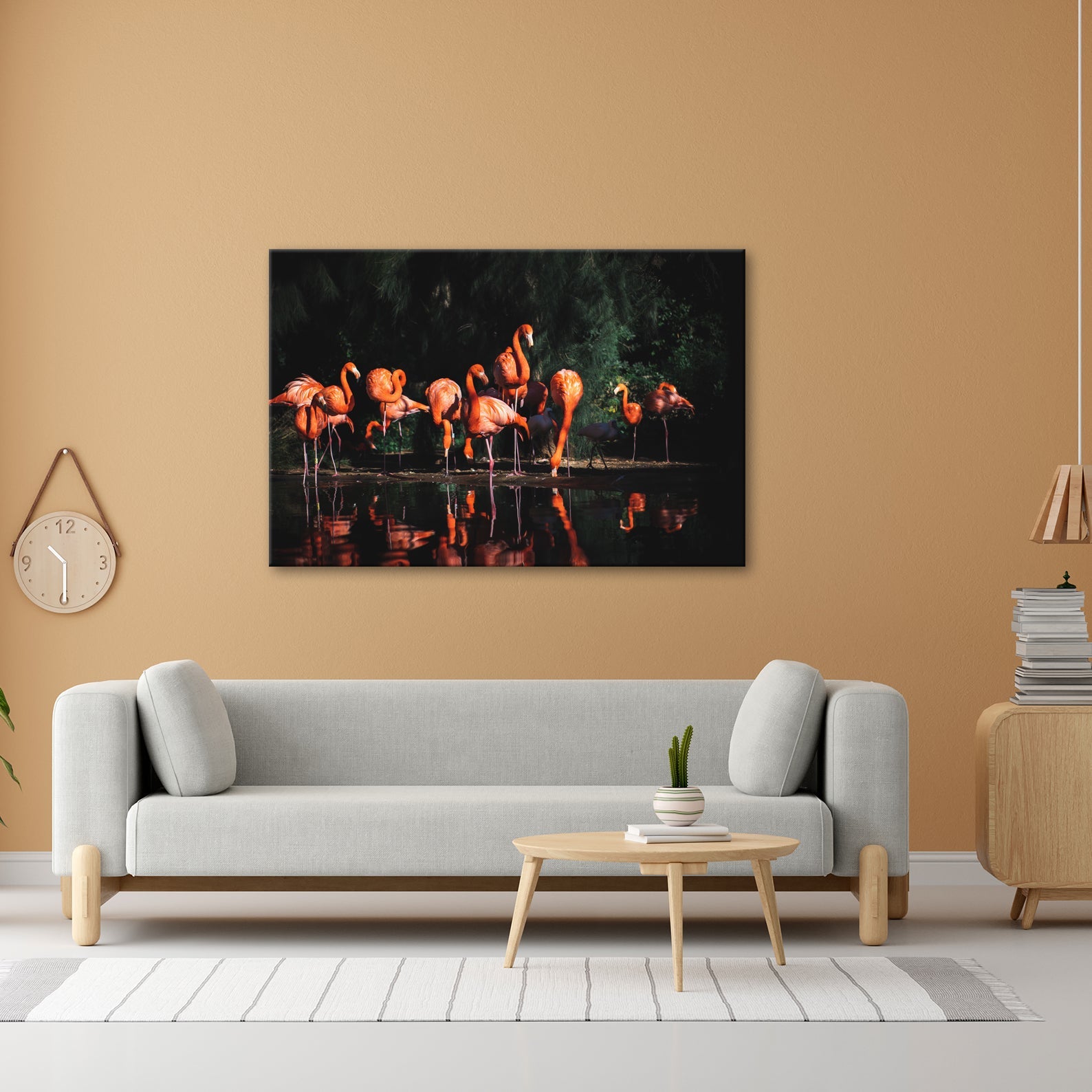 Leinwandbild Leuchtende Flamingos – Spiel aus Licht & Schatten XXL - deyoli