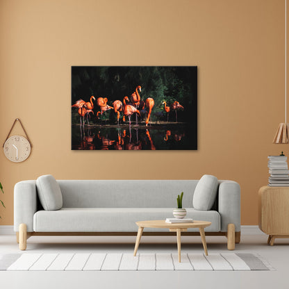 Leinwandbild Leuchtende Flamingos – Spiel aus Licht & Schatten XXL - deyoli