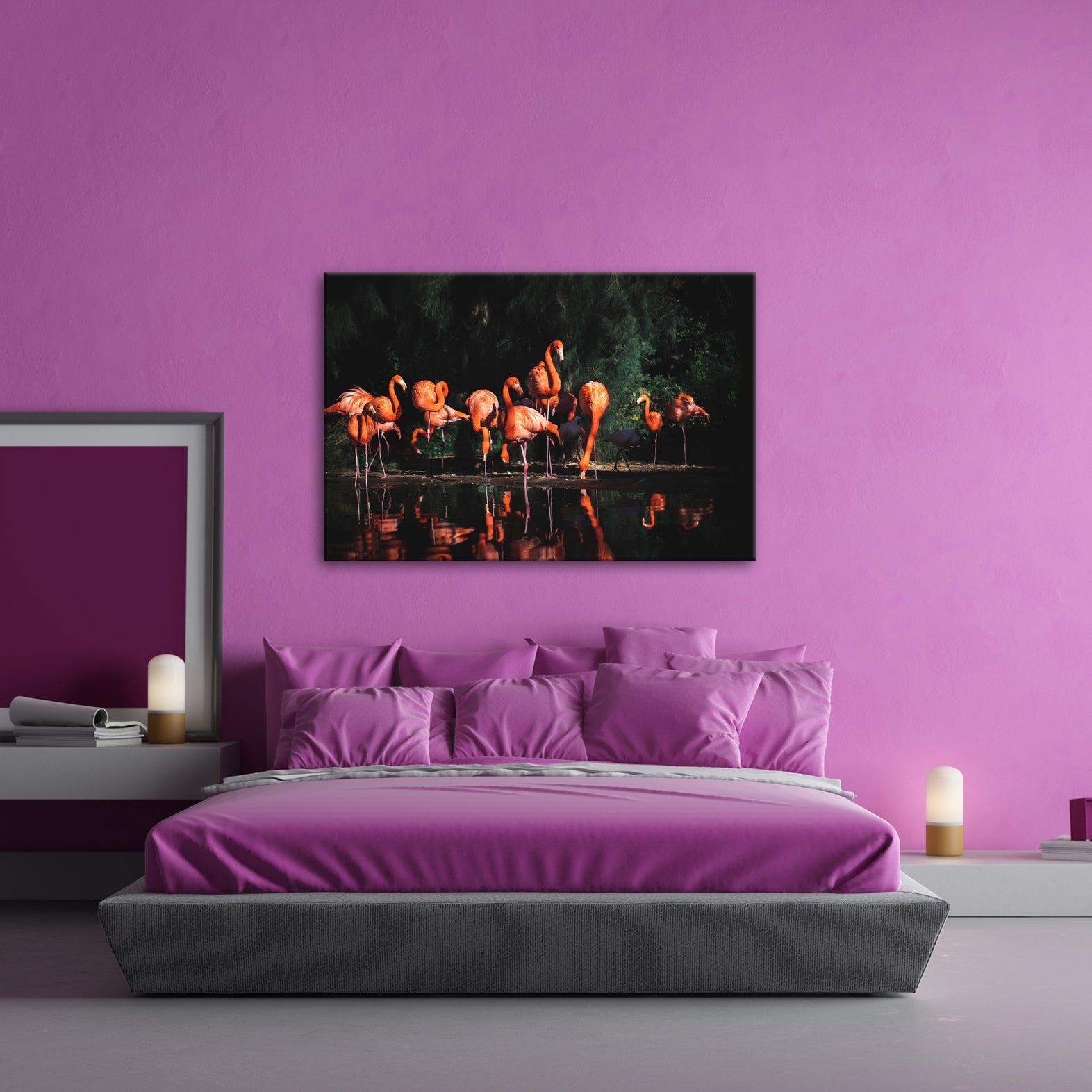 Leinwandbild Leuchtende Flamingos – Spiel aus Licht & Schatten XXL - deyoli
