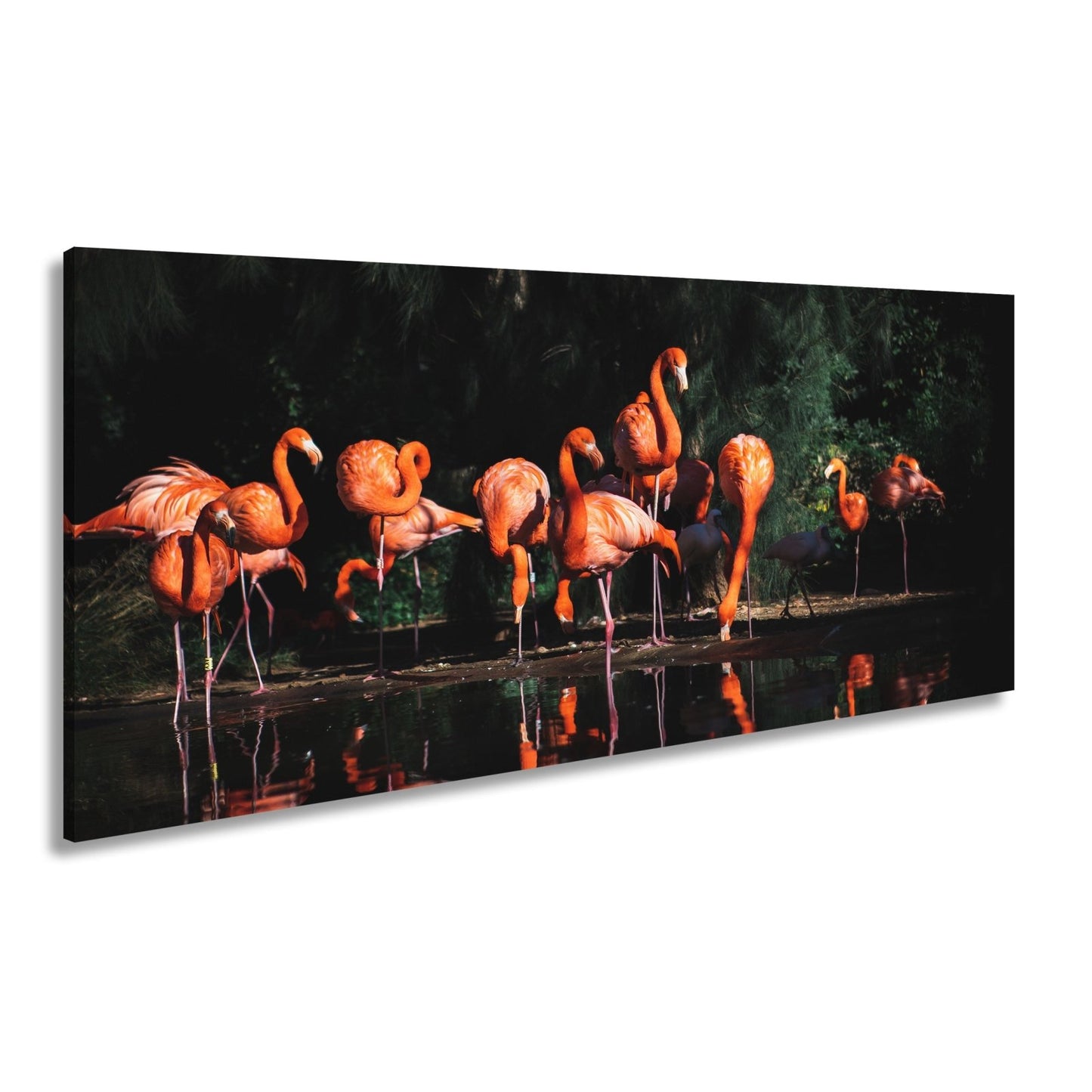 Leinwandbild Leuchtende Flamingos – Spiel aus Licht & Schatten XXL - deyoli