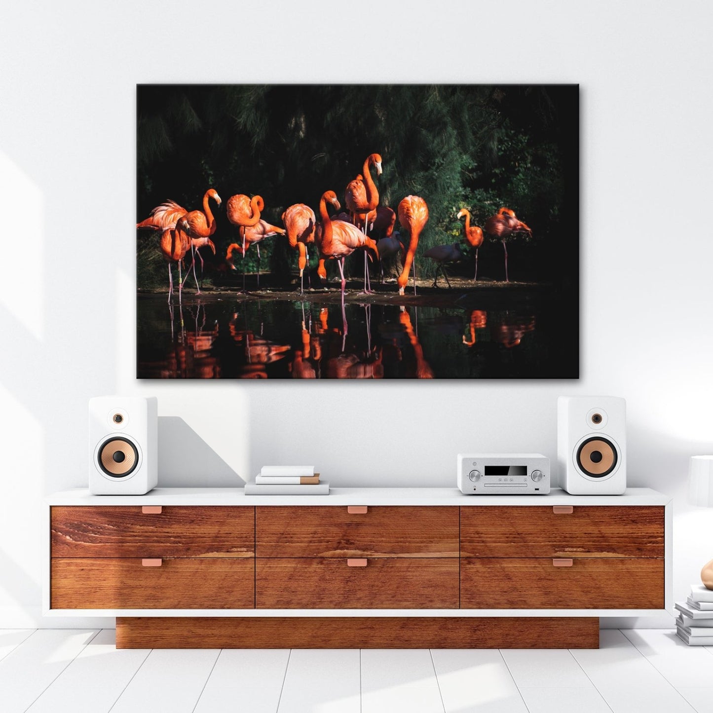 Leinwandbild Leuchtende Flamingos – Spiel aus Licht & Schatten XXL - deyoli