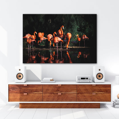 Leinwandbild Leuchtende Flamingos – Spiel aus Licht & Schatten XXL - deyoli
