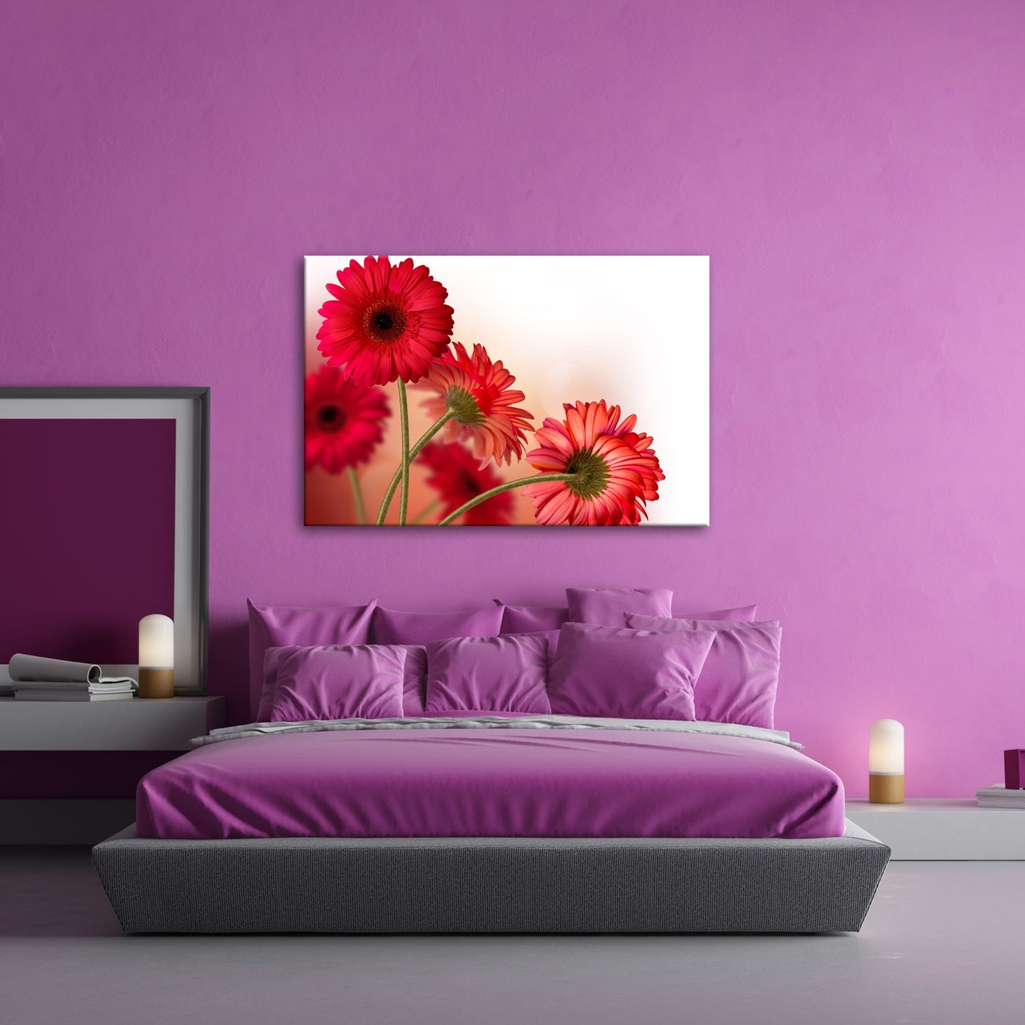 Leinwandbild Leuchtende Gerbera tanzen im warmen Licht des Morgens. - deyoli
