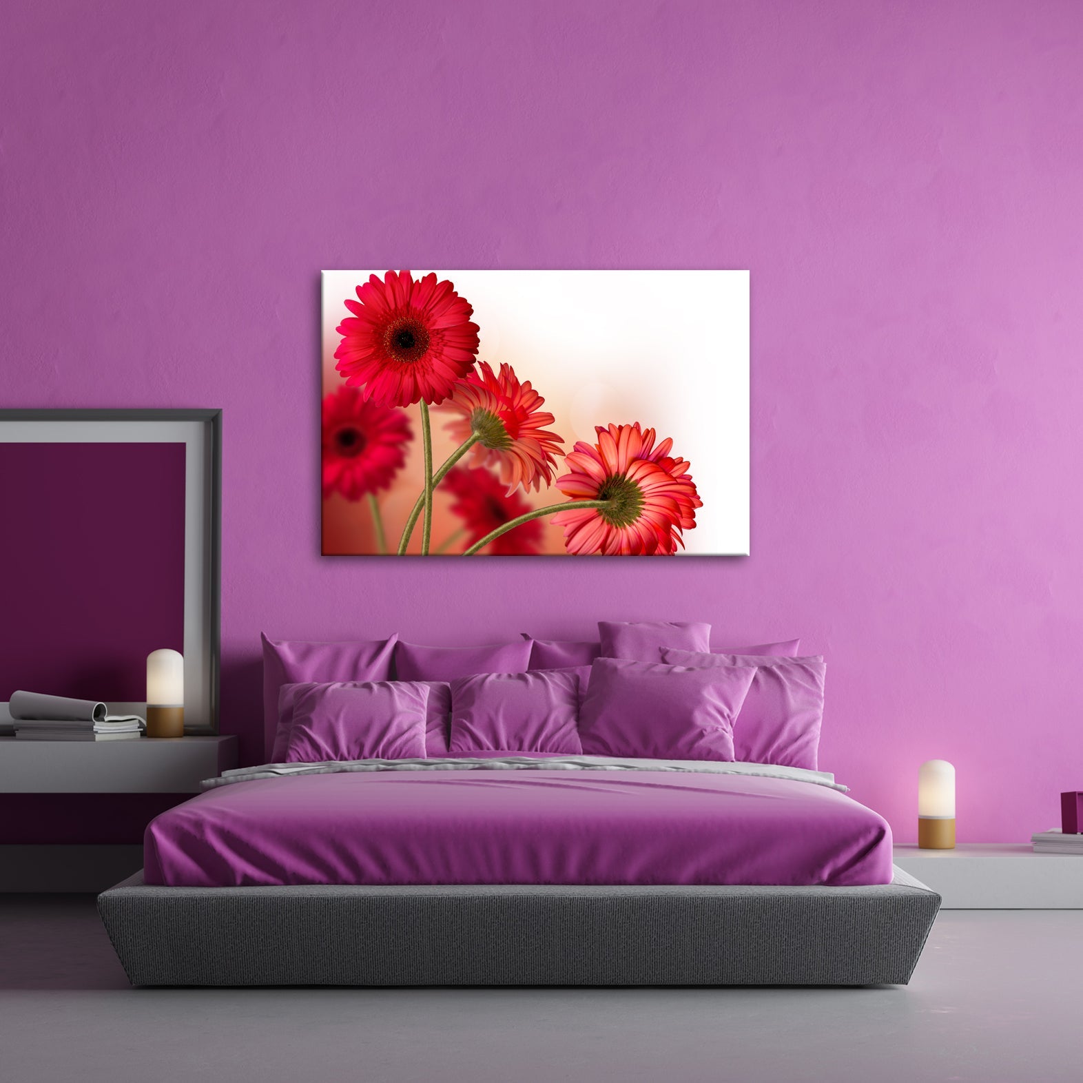 Leinwandbild Leuchtende Gerbera tanzen im warmen Licht des Morgens. - deyoli