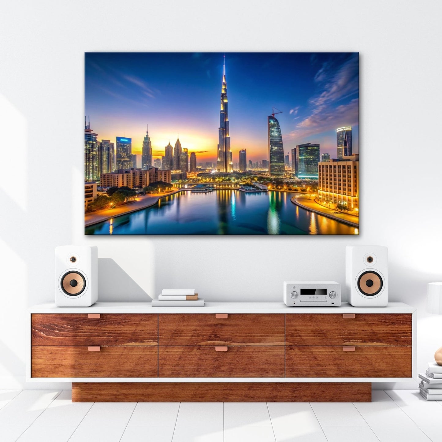 Leinwandbild Lichterglanz in Dubais nächtlicher Skyline – XXL - deyoli
