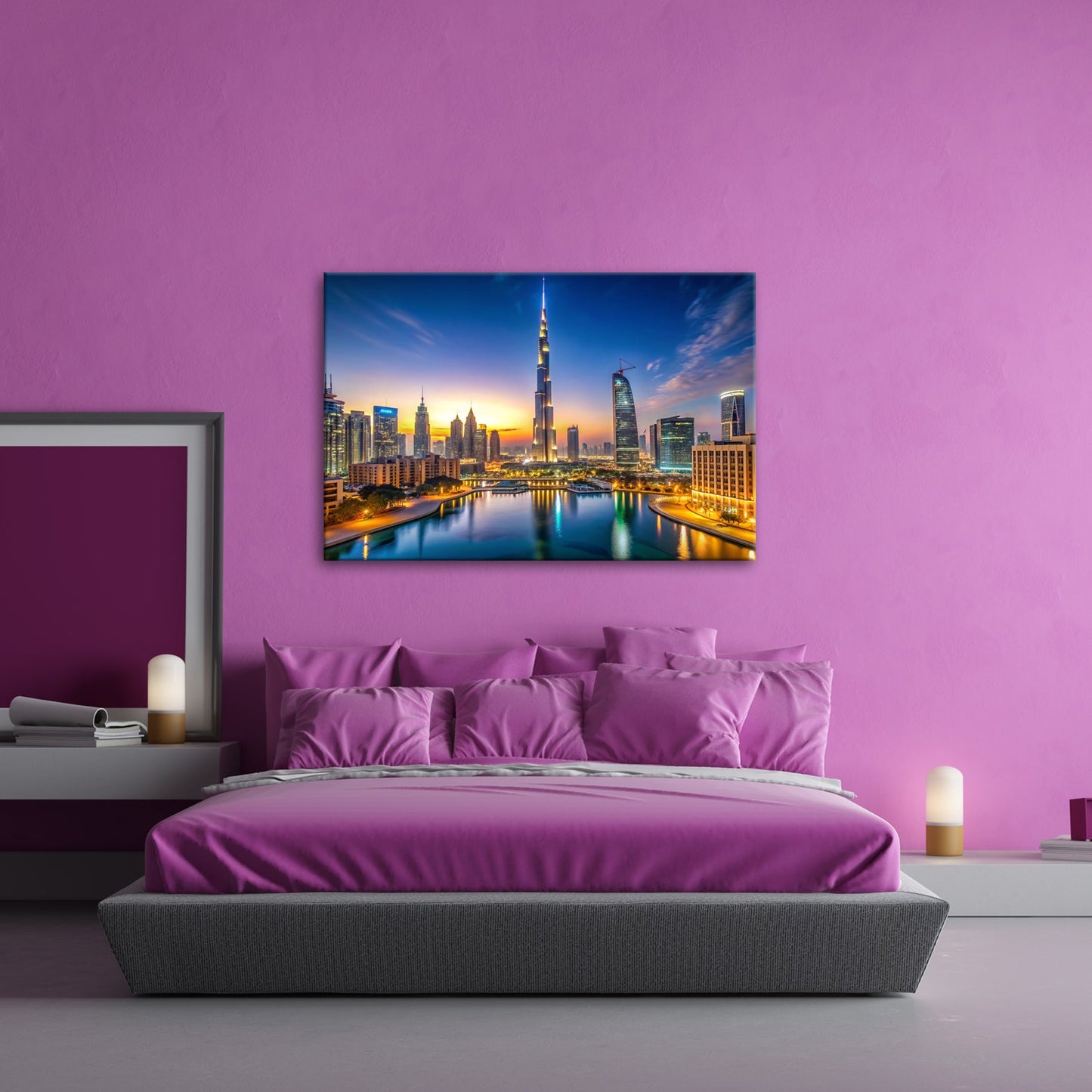 Leinwandbild Lichterglanz in Dubais nächtlicher Skyline – XXL - deyoli