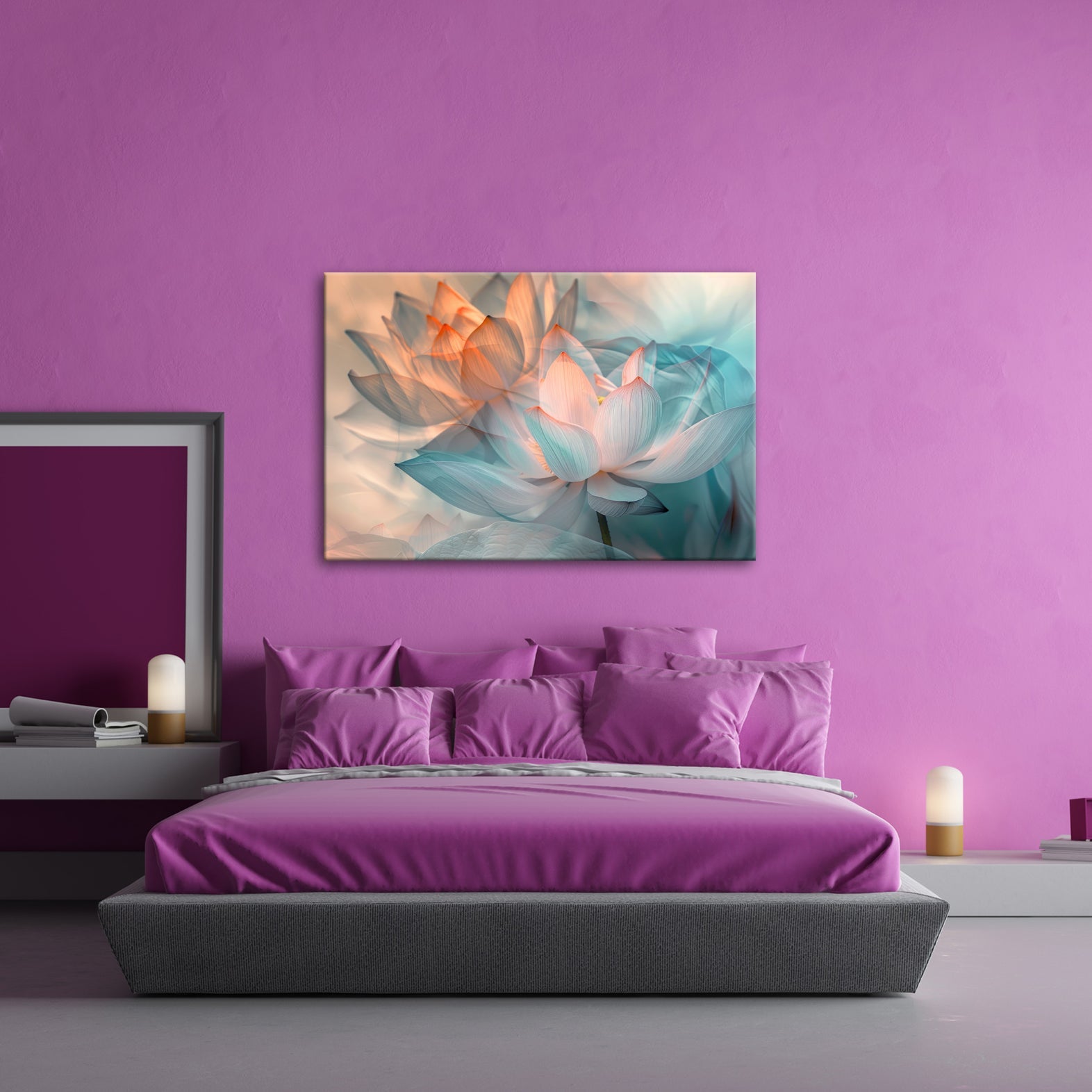 Leinwandbild Lotus im Nebeltraum – Blüten schweben in zartem Licht. - deyoli