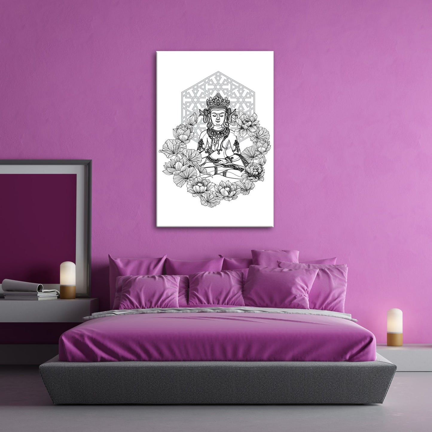 Leinwandbild Lotus umrahmt den Buddha in stiller, heiliger Linie. - deyoli
