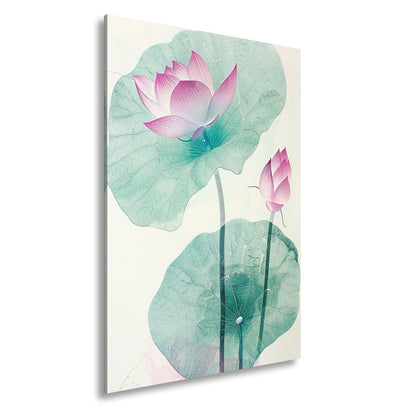 Leinwandbild Lotuspoesie – filigrane Blüten auf zarten Aquarelladern. - deyoli