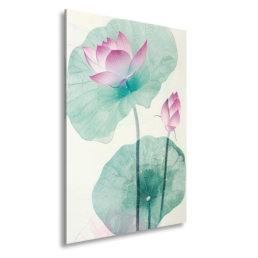 Leinwandbild Lotuspoesie – filigrane Blüten auf zarten Aquarelladern. - deyoli