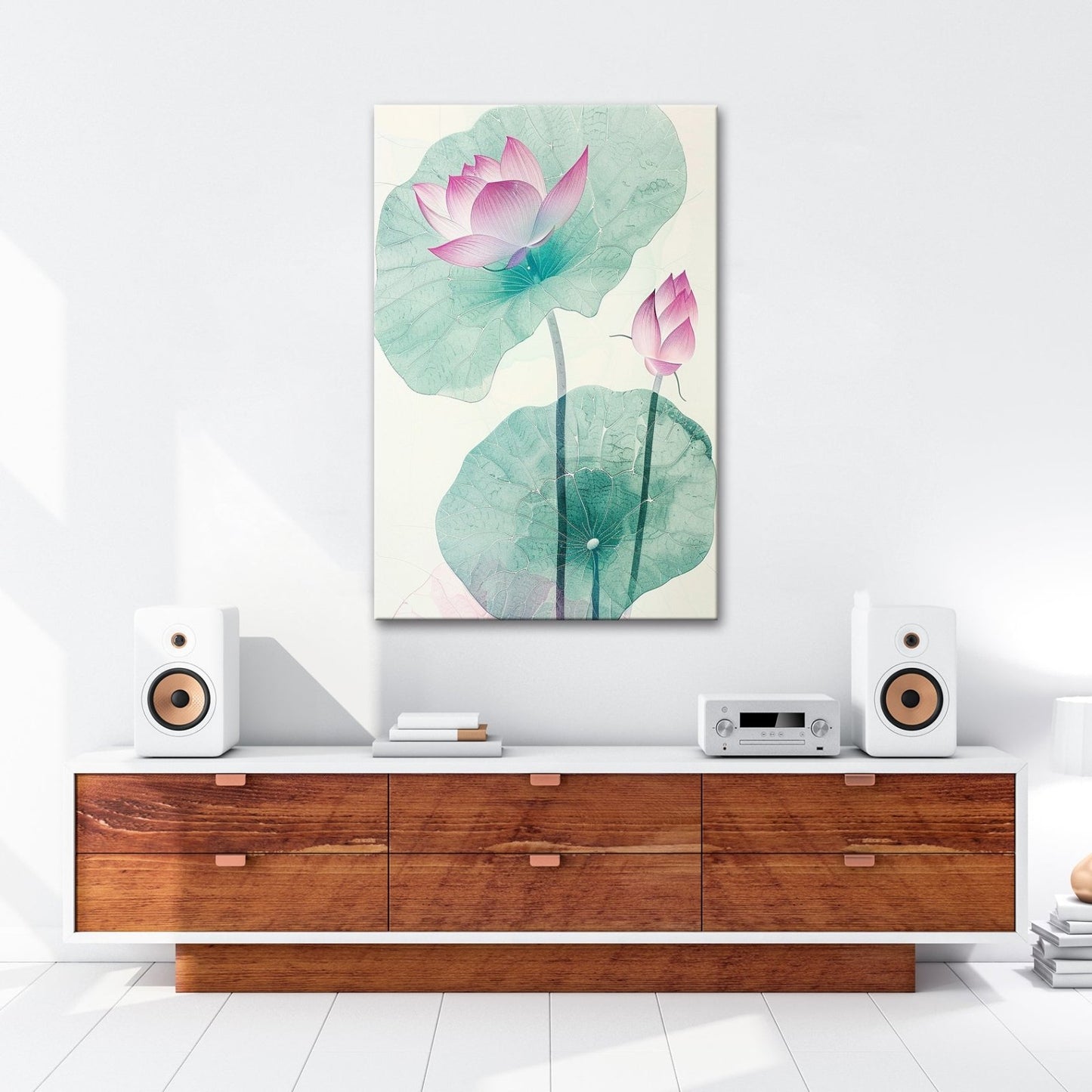 Leinwandbild Lotuspoesie – filigrane Blüten auf zarten Aquarelladern. - deyoli