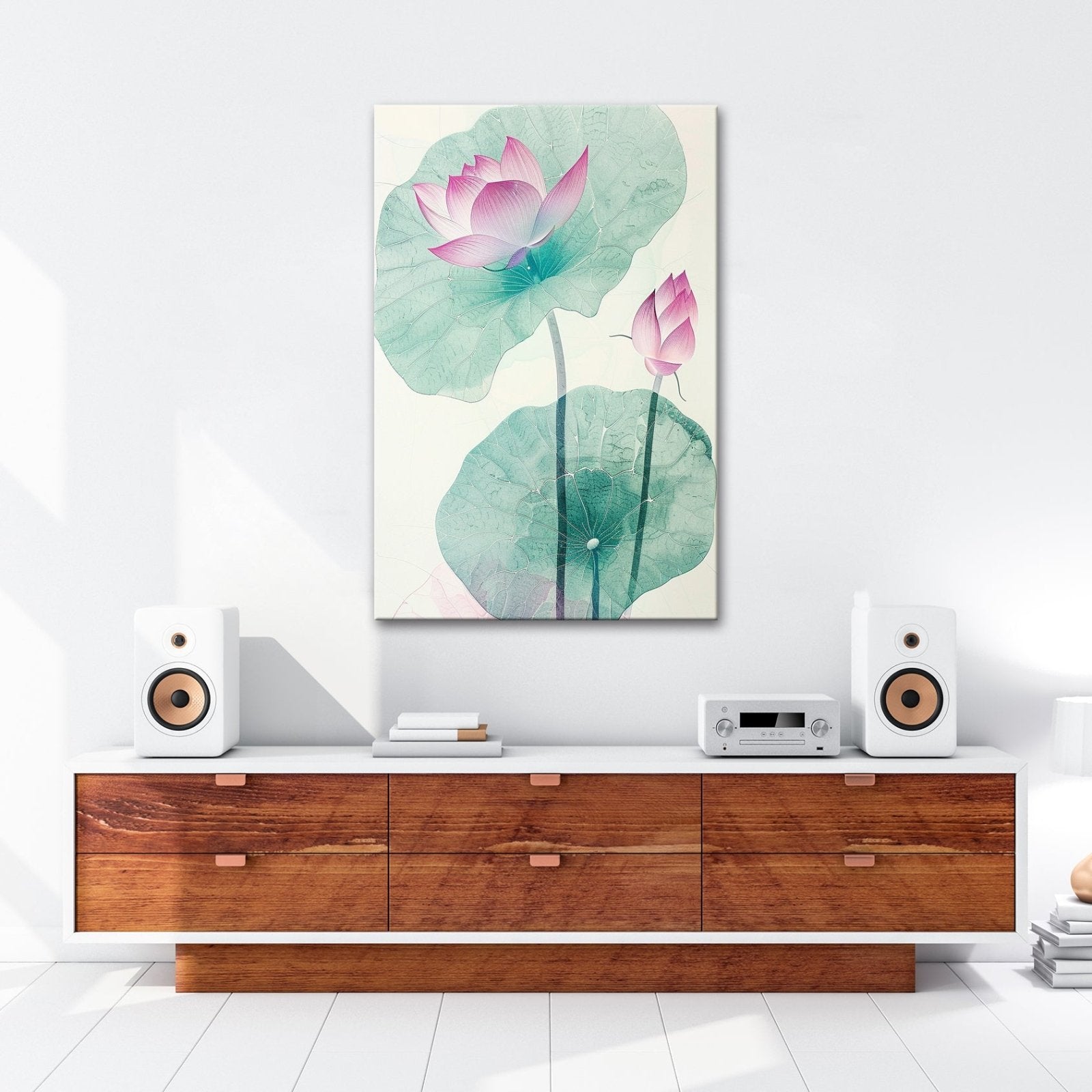 Leinwandbild Lotuspoesie – filigrane Blüten auf zarten Aquarelladern. - deyoli