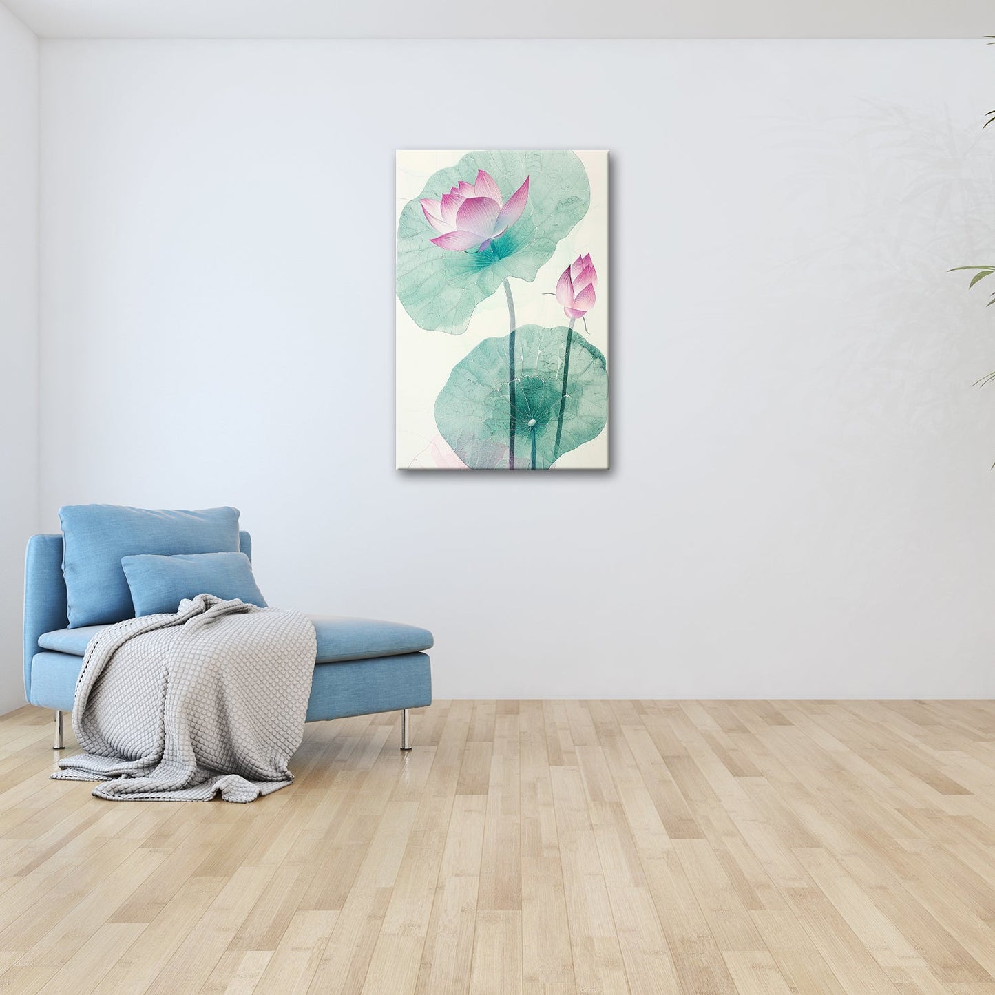 Leinwandbild Lotuspoesie – filigrane Blüten auf zarten Aquarelladern. - deyoli
