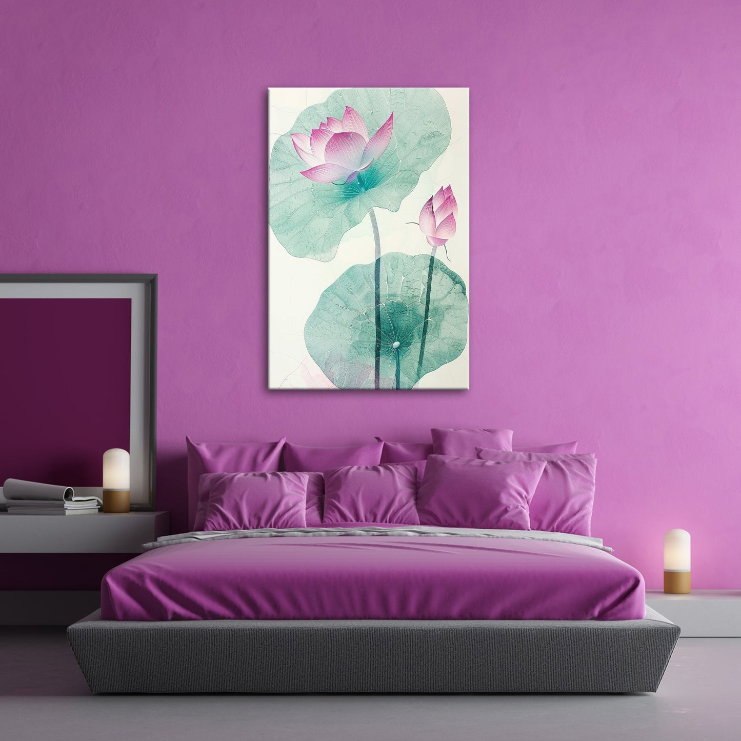Leinwandbild Lotuspoesie – filigrane Blüten auf zarten Aquarelladern. - deyoli