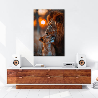 Leinwandbild Löwenliebe im warmen Glanz der untergehenden Sonne - deyoli
