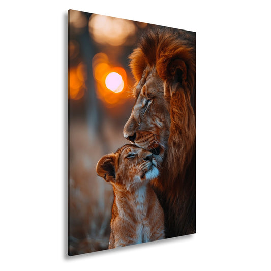 Leinwandbild Löwenliebe im warmen Glanz der untergehenden Sonne - deyoli