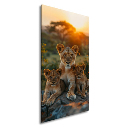 Leinwandbild Löwenmutter wacht über ihre Jungen bei Sonnenuntergang. - deyoli