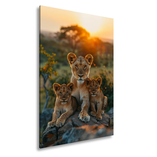 Leinwandbild Löwenmutter wacht über ihre Jungen bei Sonnenuntergang. - deyoli