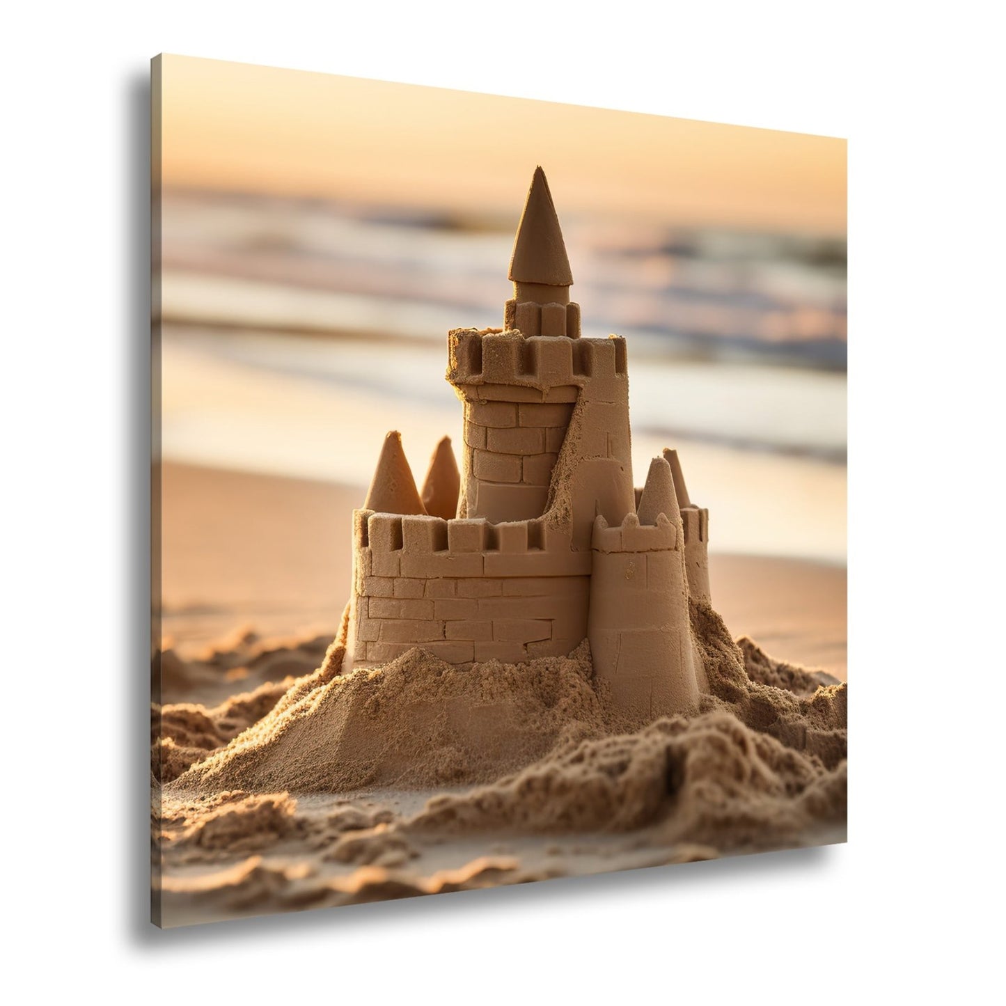 Leinwandbild Märchenschloss aus Sand glänzt im Licht der sinkenden Sonne. - deyoli