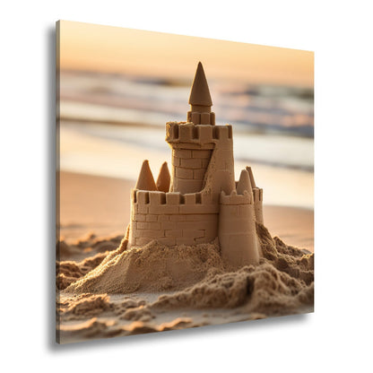 Leinwandbild Märchenschloss aus Sand glänzt im Licht der sinkenden Sonne. - deyoli