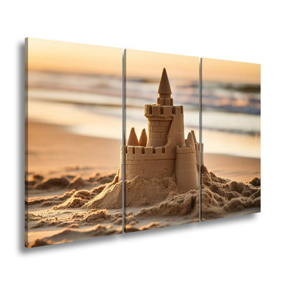Leinwandbild Märchenschloss aus Sand glänzt im Licht der sinkenden Sonne. - deyoli