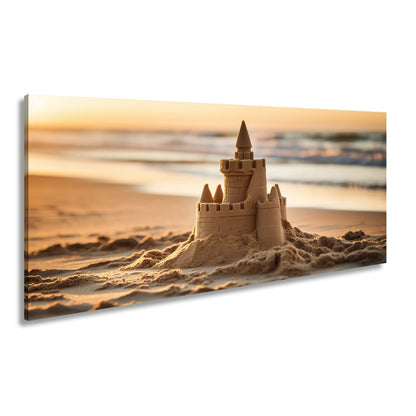 Leinwandbild Märchenschloss aus Sand glänzt im Licht der sinkenden Sonne. - deyoli