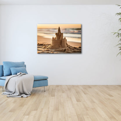 Leinwandbild Märchenschloss aus Sand glänzt im Licht der sinkenden Sonne. - deyoli