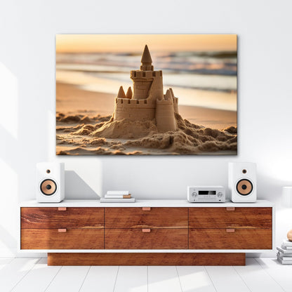 Leinwandbild Märchenschloss aus Sand glänzt im Licht der sinkenden Sonne. - deyoli